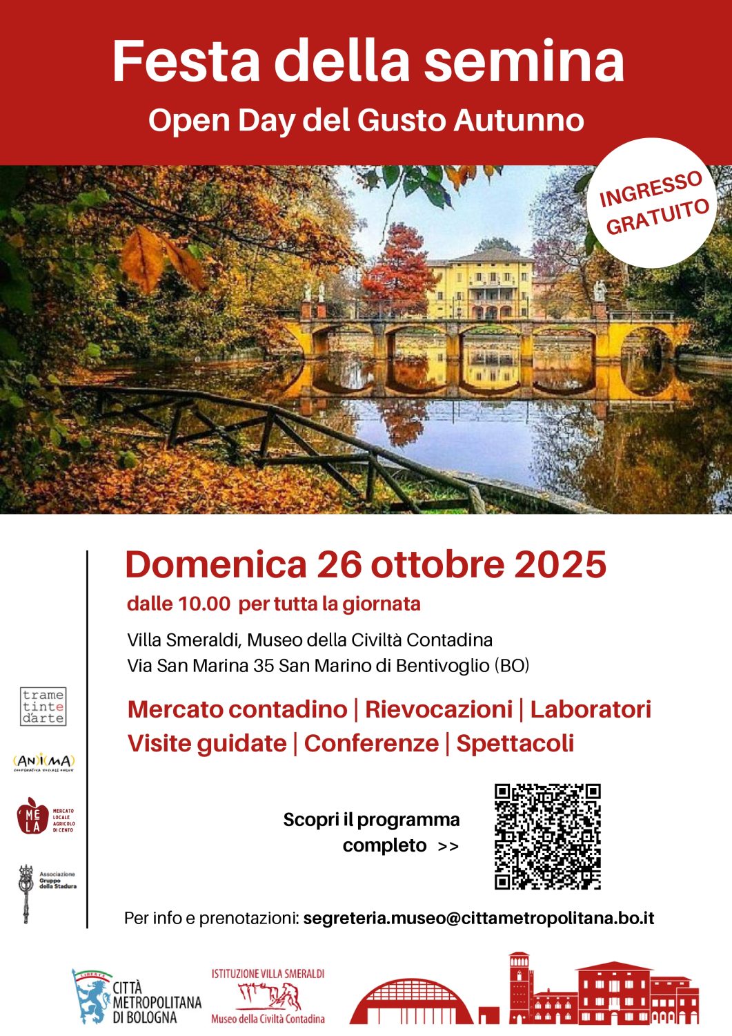 Locandina della festa della semina 2025 presso il museo della civiltà contadina di Bentivoglio:
L'immagine presenta una foto della villa vista dal giardino, qualche informazione generale come data e anno e un QR-Code che rimanda al programma completo