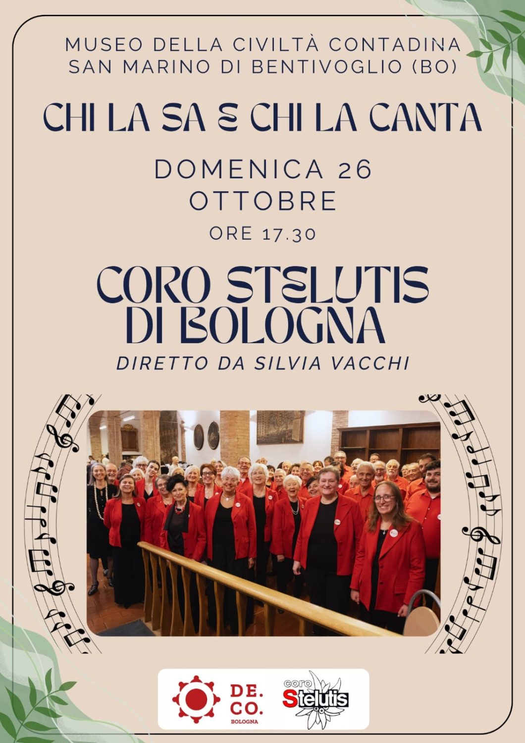 Locandina del concerto "Chi la sa e chi la canta" del Coro Stelutis di Bologna. Nella locandina, oltre alle informazioni di servizio (Domenica 26 ottobre ore 17:30), una recente foto del coro presso l'Archivio di Stato di Bologna