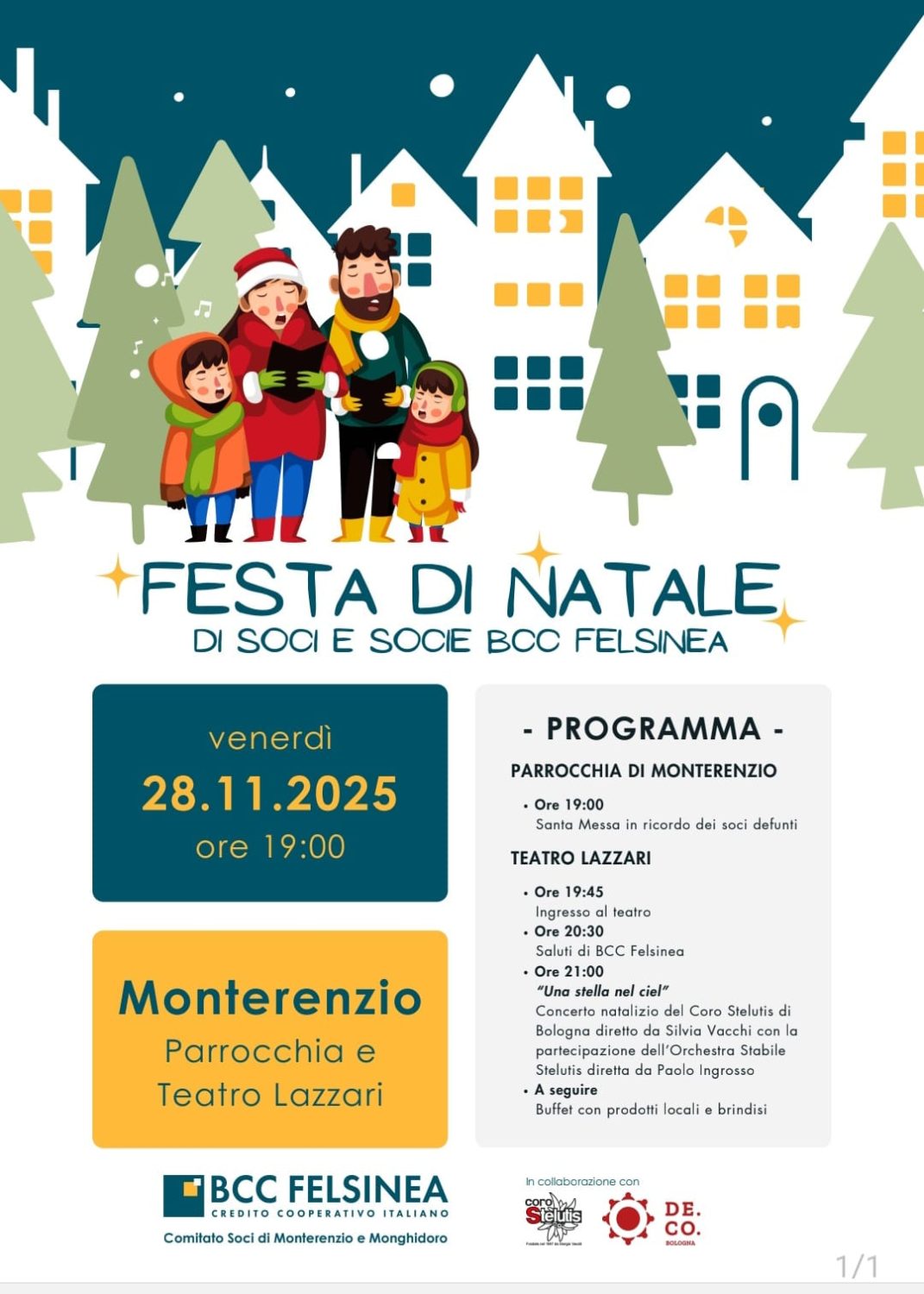 Volantino della Festa di Natale di Montrenzio. Nella locandina, un paesaggio innevato con una famiglia che canta nella neve e tutte le iniziative sotto